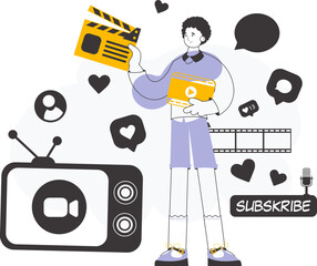Line art style. Blogger guy. The concept of social networking. Vector illustration.