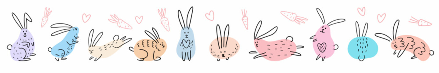 A hand-drawn set of cute rabbits. Vector children's illustration of funny rabbits drawn in the style of doodles.