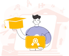 The guy is a university graduate holding a diploma. Line art style. Vector.