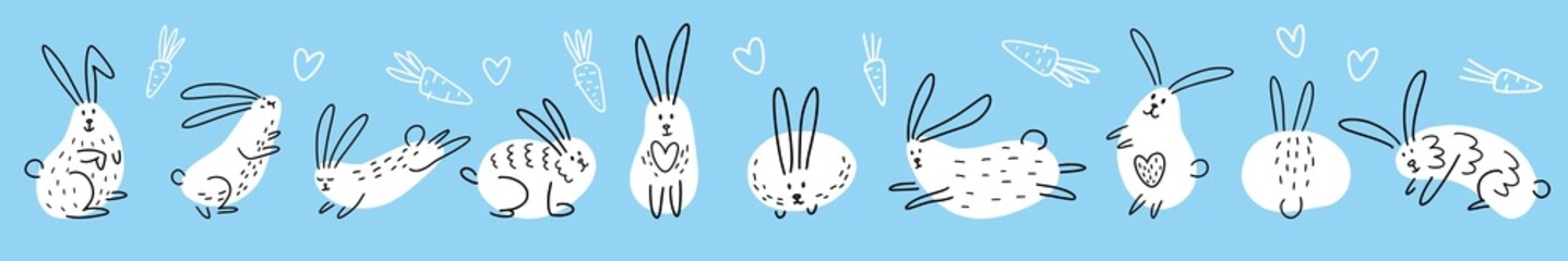 Horizontal illustration of a collection of funny rabbits, hand-drawn in the style of doodles