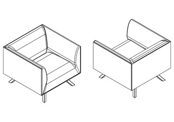 Isometric outline armchairs set. Simple Outline Drawing, Isolated Vector
