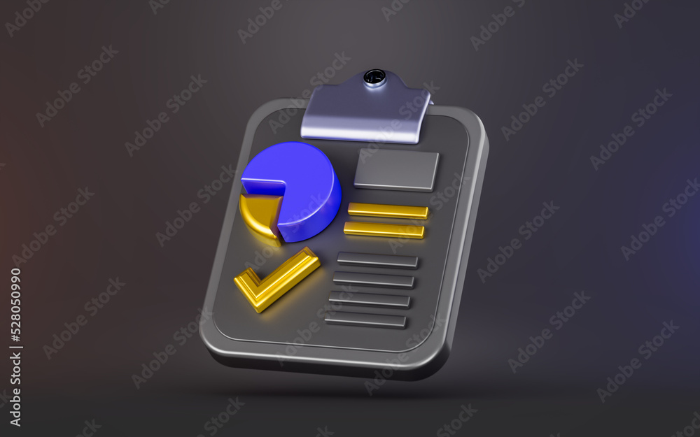 Wall mural clipboard with pie check mark sign on dark background 3d render concept for financial chart complete