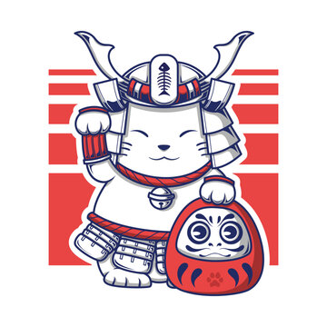 recommend clip art: Japanese Neko Lucky Cat with Daruma Doll illustration