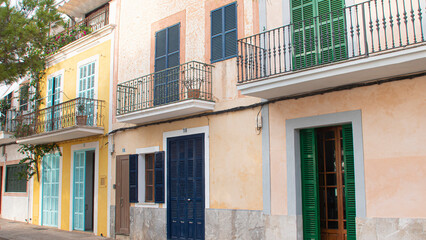 Colored facades of a small and quiet town Majorca