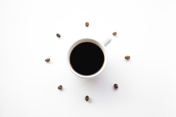 Black hot coffee cup on white background with Coffee beans arrange as forming clock face