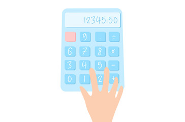 Fototapeta na wymiar Hand’s pressing calculator key numbers vector, flat design of minimal calculator vector, isolated calculator vector on white background, account and finance tools vector, financial business tools.