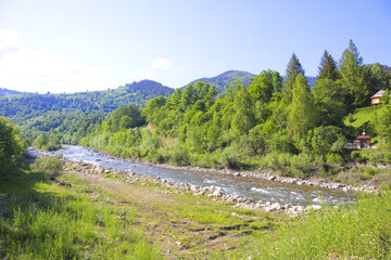 Landscape with River Black Cheremosh in village of Krivorivnya, Ukraine	
