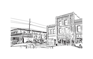 Building view with landmark of Ogden is the 
city in Utah. Hand drawn sketch illustration in vector.