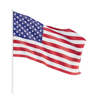 Closeup of ruffled American flag on white background. Isolated. 3d rendering