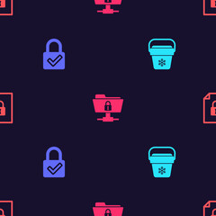 Set Cooler bag, Lock and check mark, FTP folder lock and Document on seamless pattern. Vector