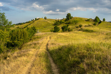 Fototapeta na wymiar Country road that forms a guideline leading to a hill full of grass bathed in the warm light of the setting sun.