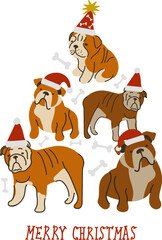 Abstract Christmas tree. Vector illustration. Merry Christmas greeting card with cute funny brown bulldog dogs wearing winter hats. Cute funny dogs. Character design.