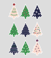 Modern and flat design, collection of Christmas trees. Can be used for printed and web materials - leaflets, posters, business cards, banners, greeting cards.