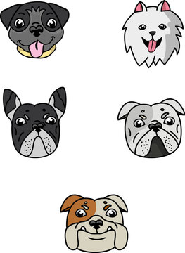 Cartoonish Black French Bulldog, brown english bulldog, white samoyed, black pug Logo. This is Series in portrait photo style. Graphic for logo, signage, card, greeting card, patterns, wallpaper