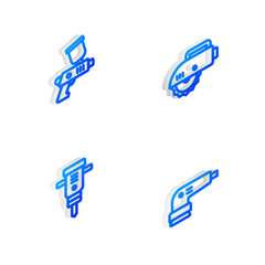 Set Isometric line Electric circular saw, Paint spray gun, Construction jackhammer and sander icon. Vector