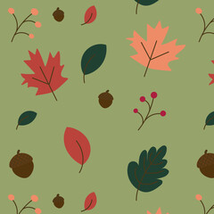 Seamless vector pattern, fall, leaves, acorn, green, nature, background, print