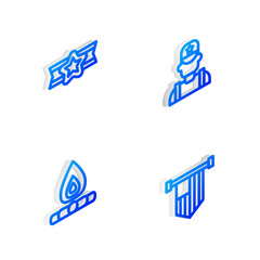 Set Isometric line Sheriff cowboy, Star American military, Campfire and flag icon. Vector