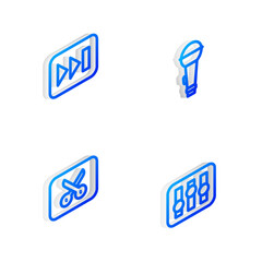 Set Isometric line Microphone, Fast forward, Music video editing and Sound mixer controller icon. Vector