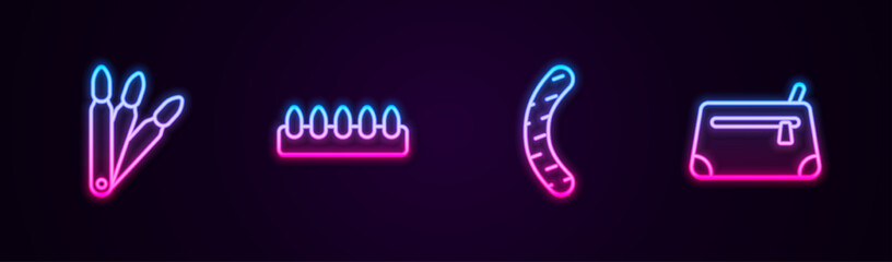 Set line False nails, , Nail file and Cosmetic bag. Glowing neon icon. Vector