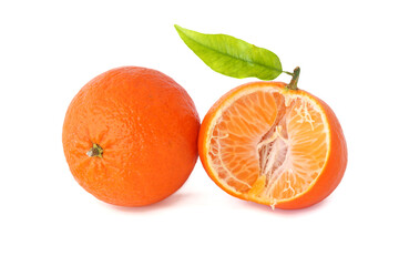 Tangerine and half with leaf isolated on white