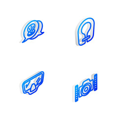 Set Isometric line Life jacket, Scallop sea shell, Diving mask and Photo camera for diver icon. Vector