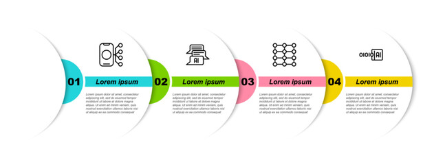 Set line Neural network, Chat bot, and Binary code. Business infographic template. Vector