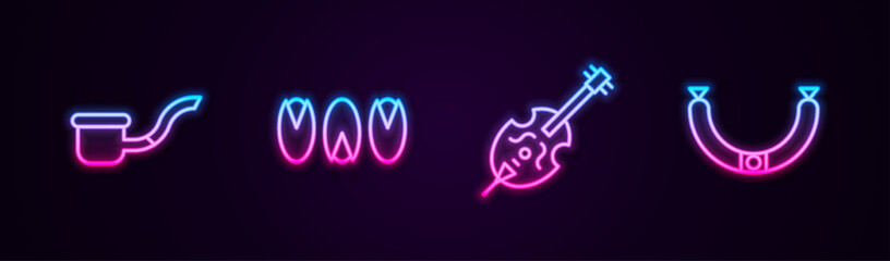 Set line Smoking pipe, Pistachio nuts, Violin and Sausage. Glowing neon icon. Vector
