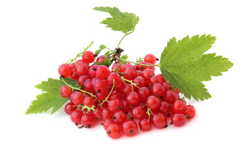 Pile of red currant with leaves isolated on a white