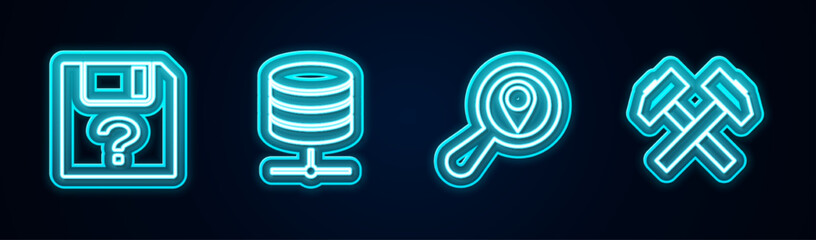 Set line Unknown document, Server, Data, Web Hosting, Search location and Two crossed hammers. Glowing neon icon. Vector