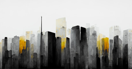 Spectacular abstract cityscape watercolor painting with black and white color with smog. Digital art 3D illustration.