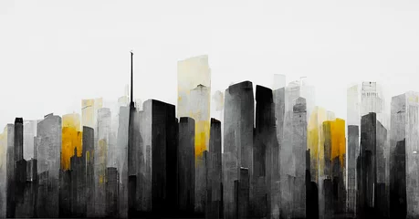 Printed roller blinds Watercolor painting skyscraper Spectacular abstract cityscape watercolor painting with black and white color with smog. Digital art 3D illustration.
