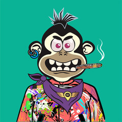 Monkey Art Punk  with different emotion character. Unique property used like  abstract pattern clothe, hair punk,  Glasses, Hat colour, and bandana and pastel colour background