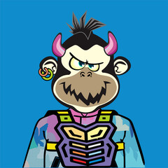 Monkey Art Punk  with different emotion character. Unique property used like  abstract pattern clothe, hair punk,  Glasses, Hat colour, and bandana and pastel colour background