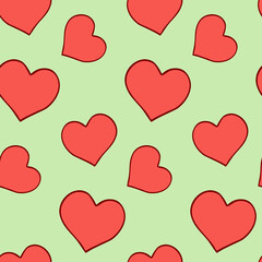 Simple seamless pattern in the form of hearts. Valentine's Day background. Flat design with endless chaotic texture made of silhouettes of tiny hearts.