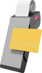 POS terminal icon with credit card and check. Modern cashless payment machine. NFC payment device. PNG transparent background. 3D rendering.