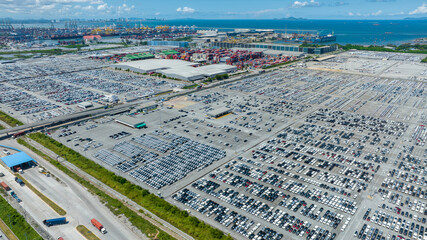 Many new cars parking before shipping to Dealer Customer, Cars shipping to Ro-Ro Ship for import...