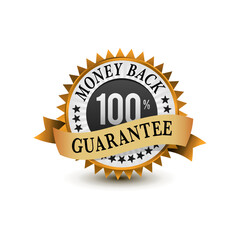 Very powerful golden color 100% money back guarantee badge, icon, label, sign with ribbon isolated on white background. Vector illustration. 
