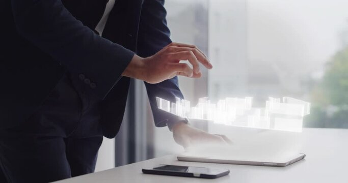 Architecture, air screen and futuristic engineer working on virtual architectural for modern project development. Digital, technology and designers hands touch a floor plan, building and future model