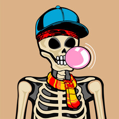 Skull Art, action figure of Skull with different fashion property used posses on colorfull background 