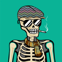 Skull Art, action figure of Skull with different fashion property used possed on colorfull background  