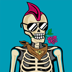 Skull Art, action figure of Skull with different fashion property used possed on colorfull background  