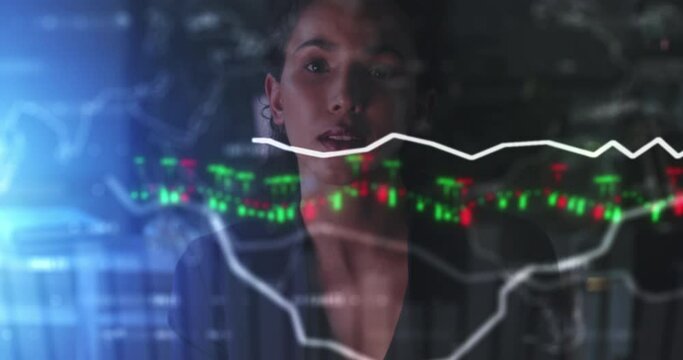 Stock market, finance and trading data on a computer hologram with business woman. Corporate investment tech manager working with futuristic digital cryptocurrency growth and future invest big data