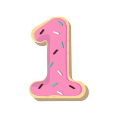 Vector number one for kids. Doughnut shaped figure with pink icing and colored sprinkles for arithmetic or holiday decorations. 