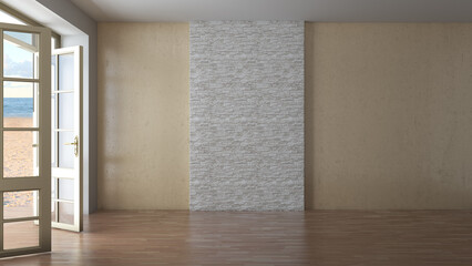 Obraz premium Empty Hotel Interior with Sea View. Room with Open Doors Overlooking the Beach, Yellow Sand and Clouds. Dark Parquet, Beige Stucco Wall with Brickwork in the Center. 3d Rendering, 7680x4320, 300 dpi