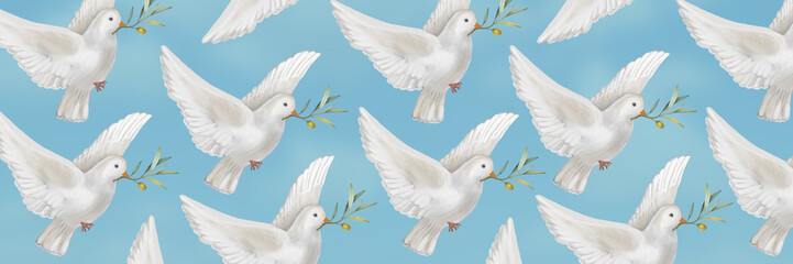 Fototapeta premium Horizontal pattern with doves of peace. White dove on a blue background. For religious communities, temples, churches.