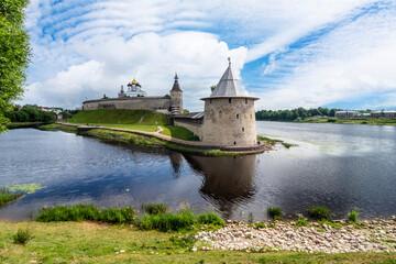 View of the Pskov Kremlin (Krom) and the confluence of the rivers Pskov and Velikaya, Pskov, Russia