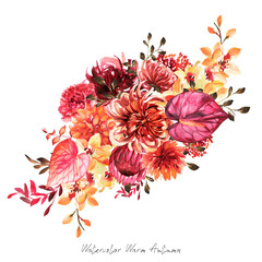Watercolor Flowers Red, Orange Orchids, Burgundy Callas, Dahlias, Chrysanthemums, Carnations, Wedding Invitation Bouquets, Watercolor Abstract Fall, Red and earthy tones with gold for invitations