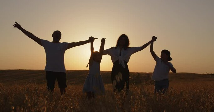 Young happy family with children walking in the field at sunset in summer