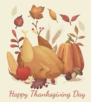 thanksgiving card with pumpkin and autumn leaves and friet turkey