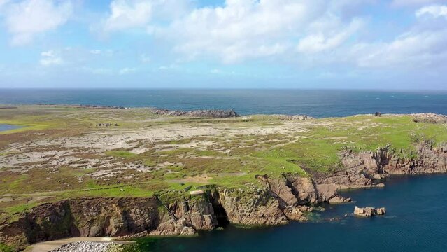 Aerial view of Derek Hills hut on Tory Island, County Donegal, Ireland